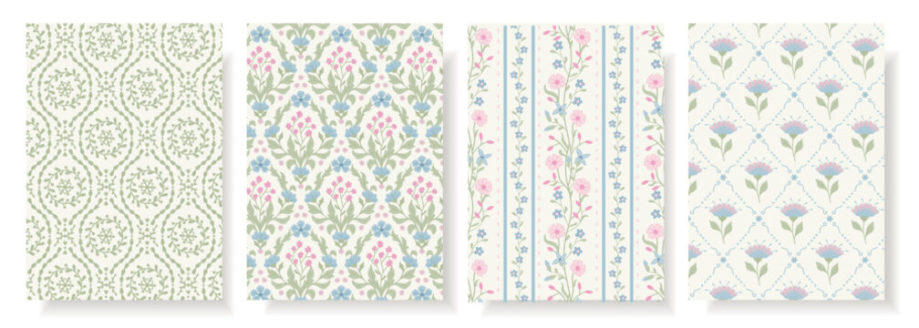 Set of four seamless floral and geometric patterns in soft pastel blue, pink and sage green. Vintage botanical motifs, decorative lattice and stripes for wallpaper, fabric, stationery and home decor.