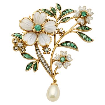 Vintage gold brooch with green gemstones and pearls