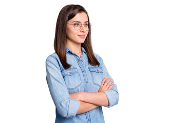 Profile portrait of nice intellectual long hairdo office worker crossed arms wear spectacles blue cloth isolated on grey background © deagreez