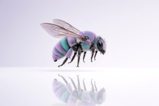 Ape fantastica dai colori pastello viola e turchese in volo con riflesso su sfondo bianco