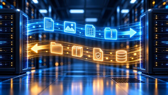 Server data transfer stream migrating digital files and encrypted backup archives between cloud computing racks