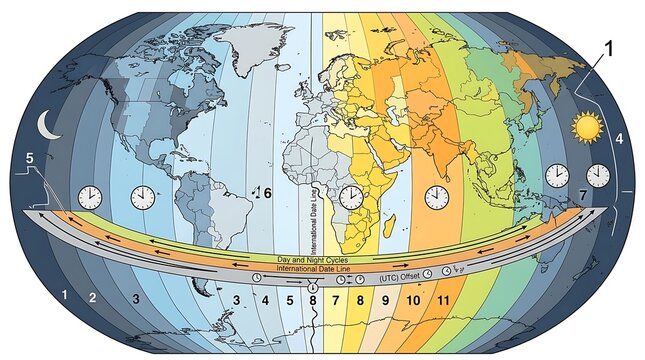 World map infographic showing global time zones and daylight cycles