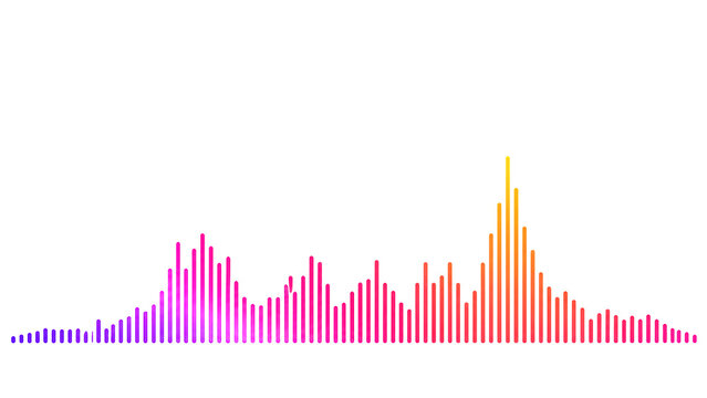 Colorful vertical bar audio equalizer on transparent background. Vibrant gradient sound wave and music frequency spectrum vector illustration. Digital audio level indicator