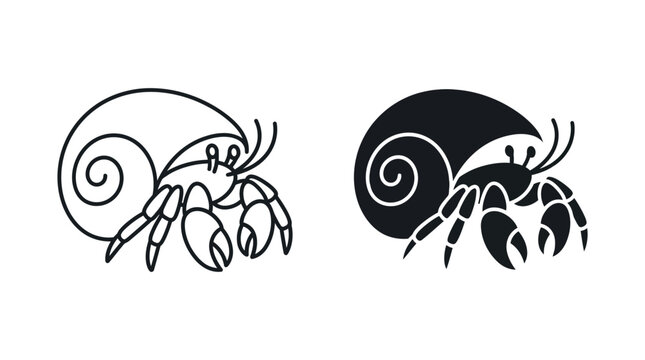 Minimalist Flat Vector Illustration of Hermit Crabs in Outline and Solid Styles