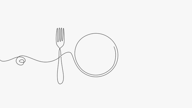 Continuous Line Drawing of Dining Table Setting with Plate, Fork, and Knife Animation. 
