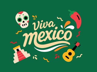 Fototapeta premium Viva Mexico typography design with sugar skull, chili pepper, guitar and pyramid icons