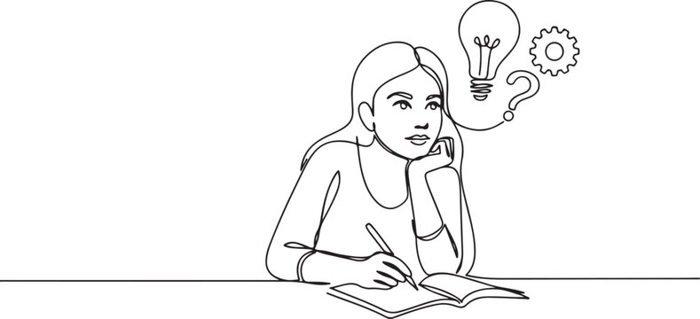 woman thinking solving problems finding solutions.one line art vector illustration