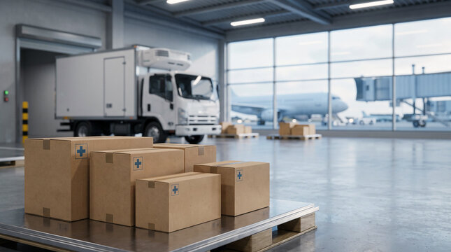 Pharmaceutical cold chain logistics with medical supply boxes on a pallet at an airport cargo terminal