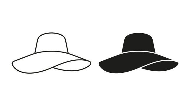 Vector illustration of a wide brim sun hat in both outline and solid silhouette