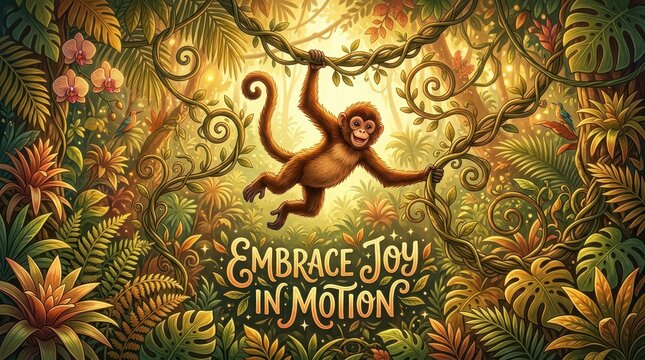 Playful monkey swinging through a vibrant, sunlit jungle on vines with "Embrace Joy in Motion" text