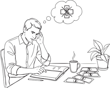 businessman thinking about health insurance cost.one line art vector illustration