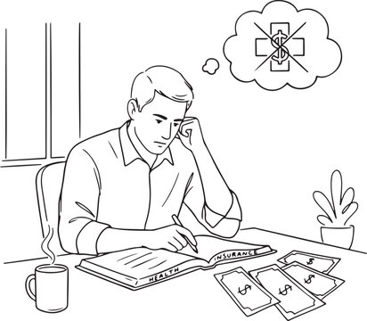 businessman thinking about health insurance cost.one line art vector illustration