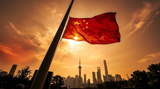 Chinese Flag Waving Against Shanghai Skyline at Sunset with Dramatic Sky China