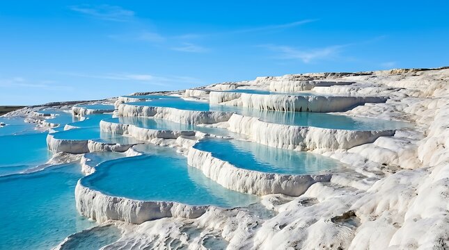 White travertine terraces with turquoise thermal water pools
