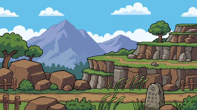 Retro 8 Bit Pixel Art Windy Highland Mountain Trail Side Scrolling Adventure Game Background