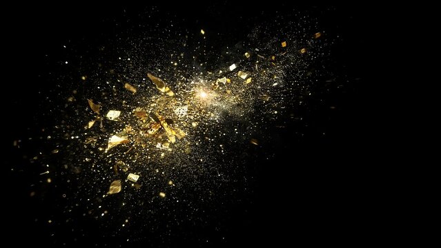 Shimmering gold particles explode in a vibrant dynamic display of metallic shards and luminous dust against a deep black void
