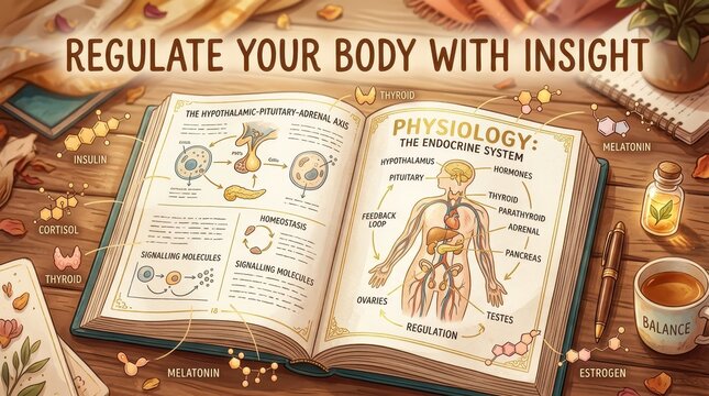 Open book displaying the endocrine system and hormones with diagrams for regulating body insight, science and health
