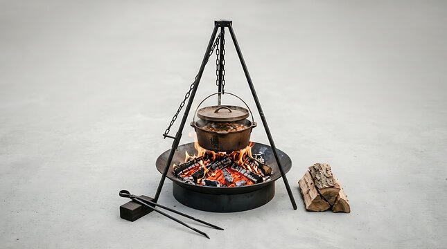 Cast iron pot hanging over campfire on metal tripod