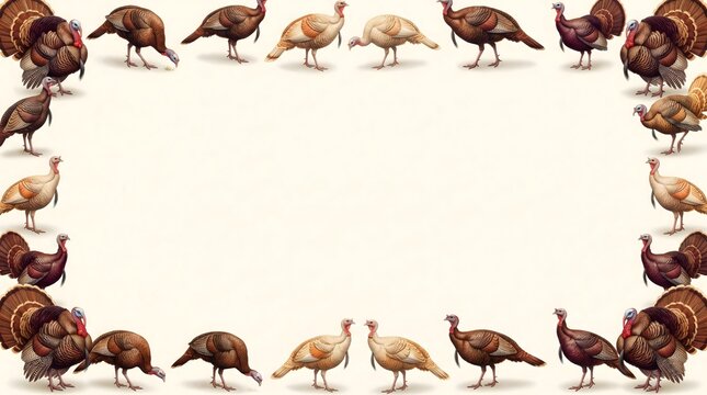 Decorative frame made of various turkey birds on a white background for thanksgiving holiday design projects