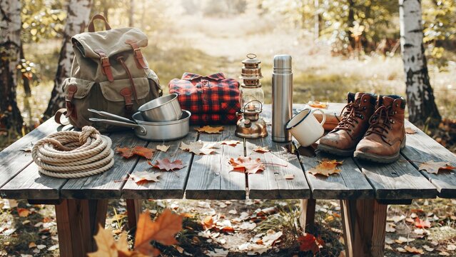 Hiking Boots Backpack and Camping Cookware on a Leaf Covered Table