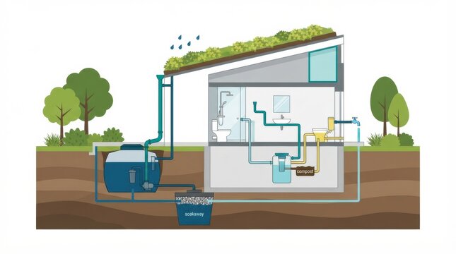 A septic tank connected to a houses plumbing. It depicts how wastewater flows through pipes and into a drainage system.