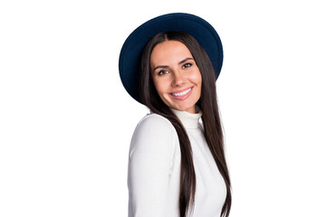Photo of positive cheerful young woman smile good mood wear hat turtleneck isolated on grey color...