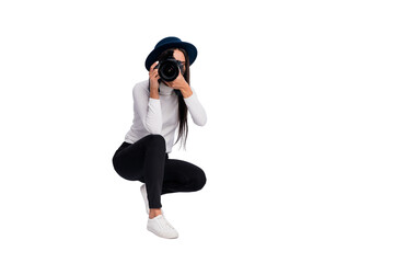 Full length photo of charming attractive young woman take picture shooting wear hat isolate on grey...