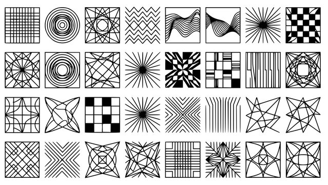Collection of abstract geometric line art patterns and square grid designs with geometric abstract graphics monochrome minimalist structure backdrop composition collection illustration