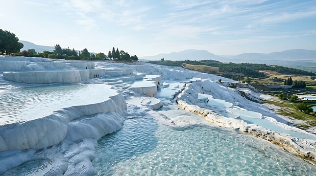 Natural travertine terraces with turquoise thermal water pools