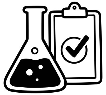 chemical flask with liquid and clipboard with check mark icon on transparent background