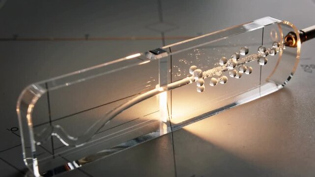 Metal probe contacting acrylic microchannel, nucleating bubble chain on gridded workbench for test
