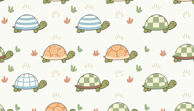 Seamless wallpaper pattern with cute cartoon turtles in various shell designs is ideal for kids clothing and bedroom fabrics.