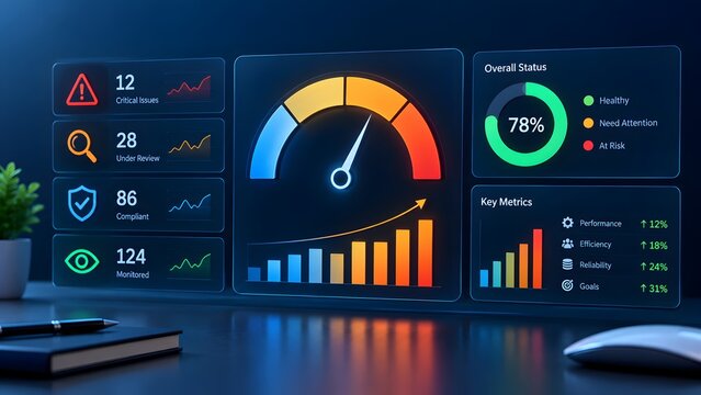 Digital business dashboard interface displaying key performance indicators and system monitoring metrics