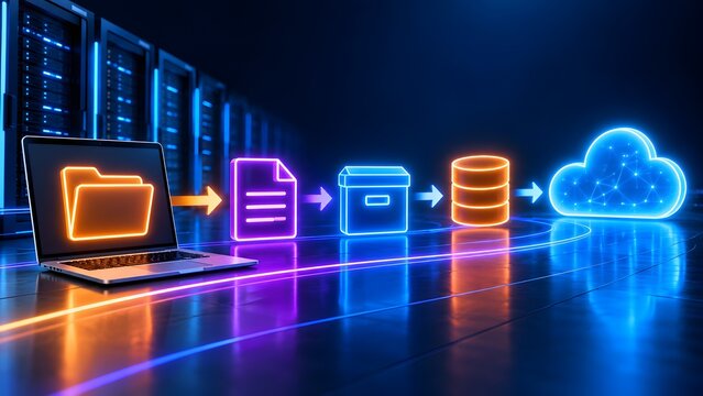Cloud migration data transfer flow with glowing digital folder and database icons from laptop to server
