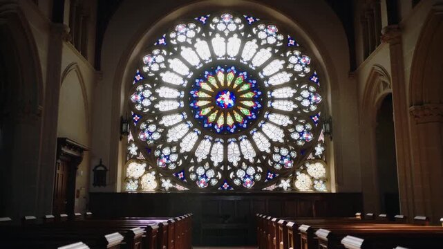 Camera pulling forward, rose window enlarging over central aisle, lighting wooden pews and columns