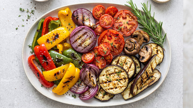 Grilled vegetable platter featuring zucchini, bell peppers, eggplant, and purple cabbage on a white plate with herbs.