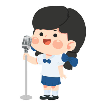 Student girl singing with vintage microphone