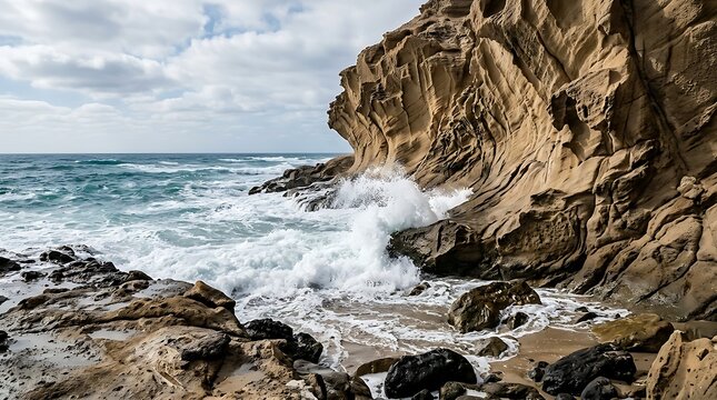 Crashing ocean waves against rugged coastal cliffs under a cloudy sky