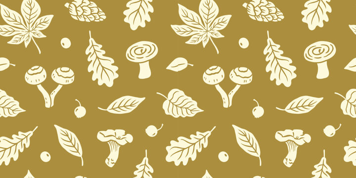 Autumn cozy hand drawn seamless pattern with cutout silhouette fall leaves, mushroom, chanterelle, berry, leaf oak, chestnut in olive color background. Fall forest vintage print. Vector illustration.