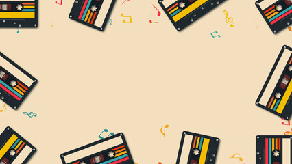 Fototapeta na wymiar retro cassette tape and music notas border frame ,music and song retro party and musical nightclub social media design element