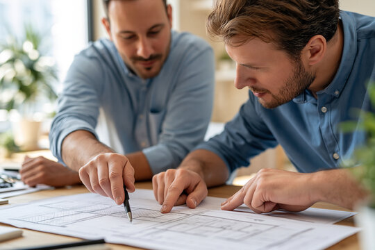 Two men lean over documents, pointing with focused intent. They appear engaged, discussing plans with serious concentration. The setting suggests a collaborative workspace. This image suits business