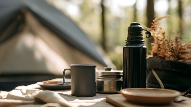 Camping gear arranged on a blanket near a tent in a sunlit forest with warm tones and natural textures