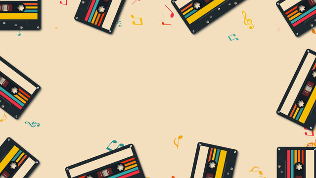 retro cassette tape and music notas border frame ,music and song retro party and musical nightclub social media design element