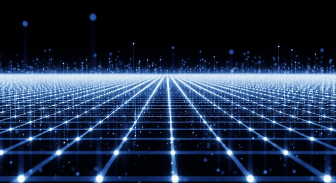 Futuristic blue digital grid stretching into horizon with glowing lights representing advanced cyberspace network technology and secure data transmission infrastructure in a virtual realm