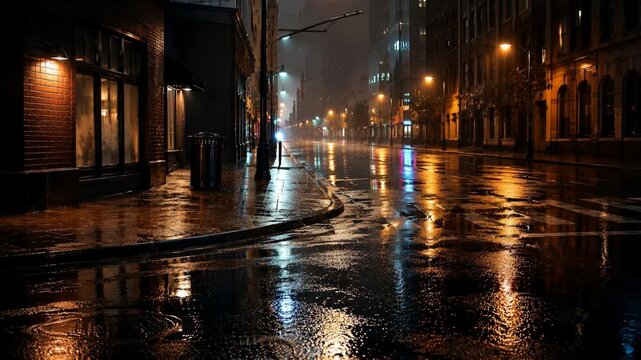 雨の夜に濡れた無人の街角と路面に反射する街灯