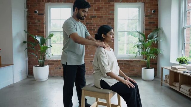 Placing hands, therapist giving shoulder massage to client in beige top on stool in therapy studio