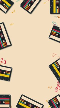 retro cassette tape and music notas border frame animation,music and song retro party and musical nightclub vertical social media motion design element