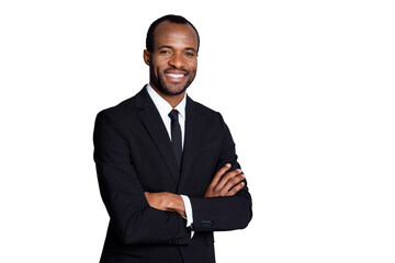 Portrait of smart afro american man leader investor cross hands ready decide solution wear jacket...