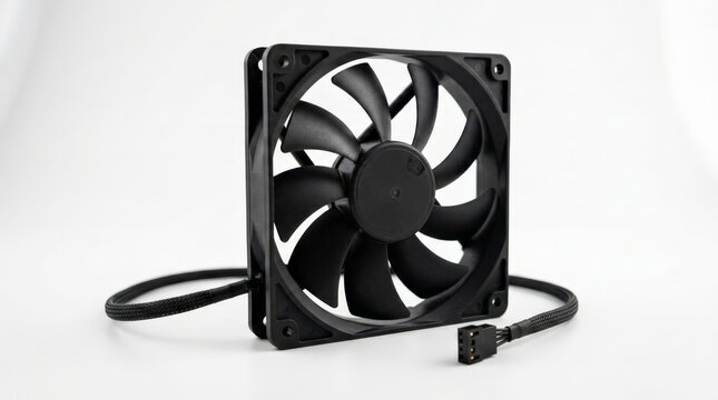 A close up view of a black server cooling fan on a white background with a power cable attached, highlighting its detailed blade structure and sleek hardware design