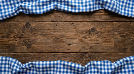 Rustic Wooden Table Background with Blue and White Checkered Gingham Tablecloth Border for Food and Menu Design